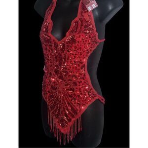 NEW WITH TAGS UNIQUE NAYOMI Red Sequins Bead Tassels One Piece Bodysuit Stage Cl